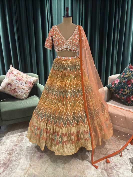Orange Crushed Silk Multi Color Lehanga