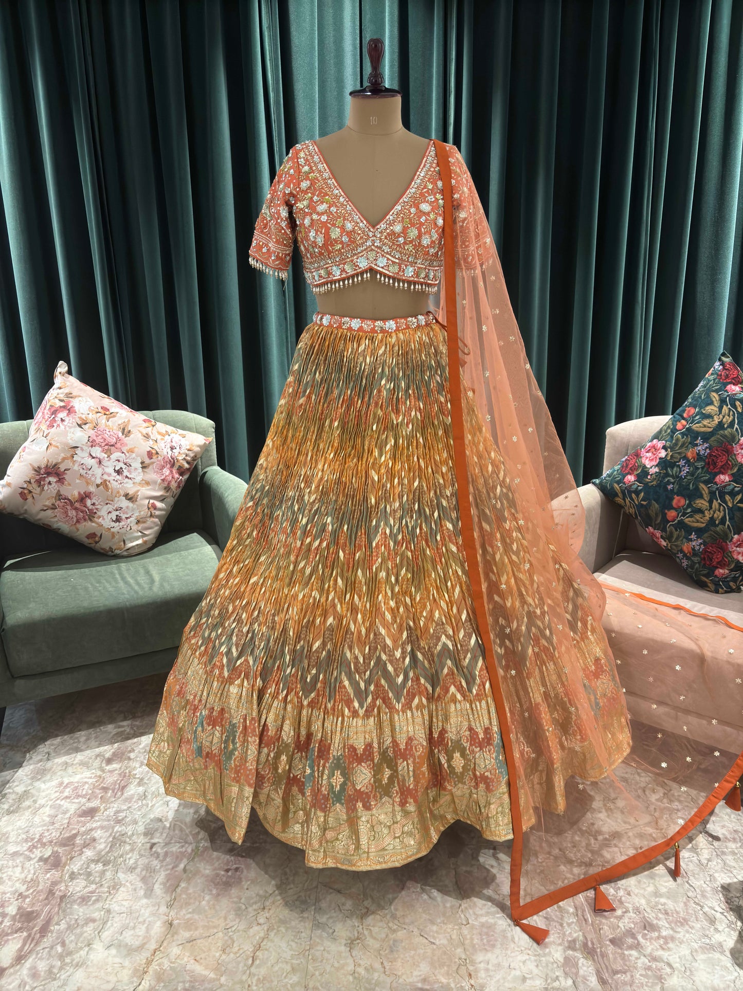 Orange Crushed Silk Multi Color Lehanga