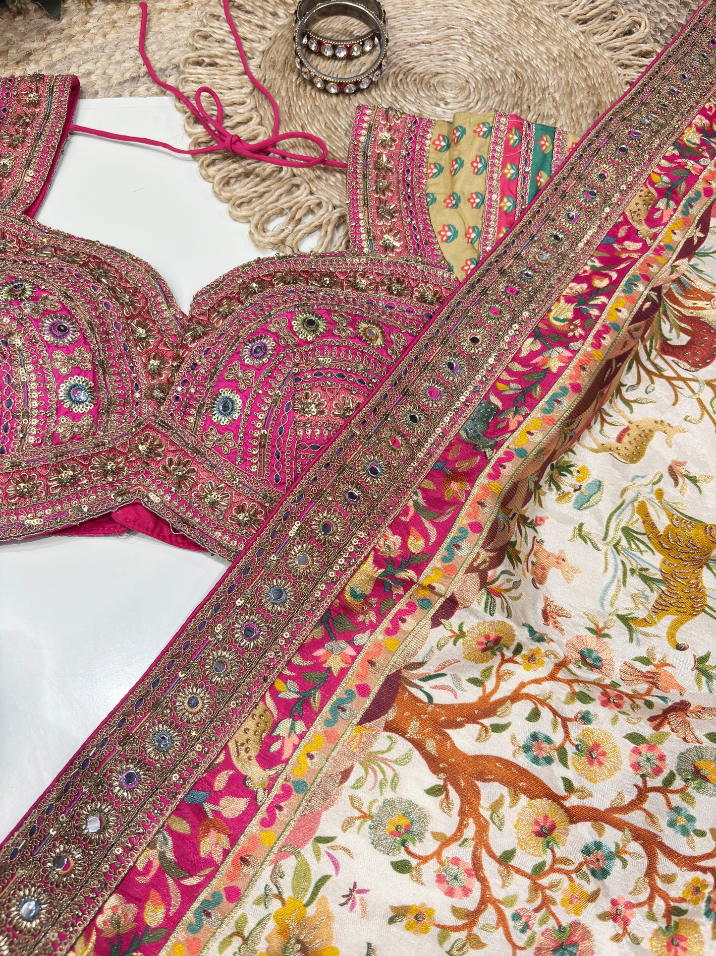 Cream Jungle Theme Designer Saree with Heavy Embroidered Blouse