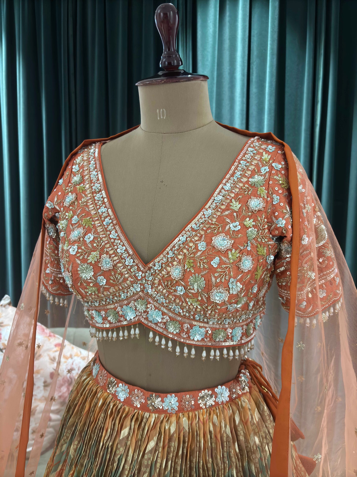 Orange Crushed Silk Multi Color Lehanga