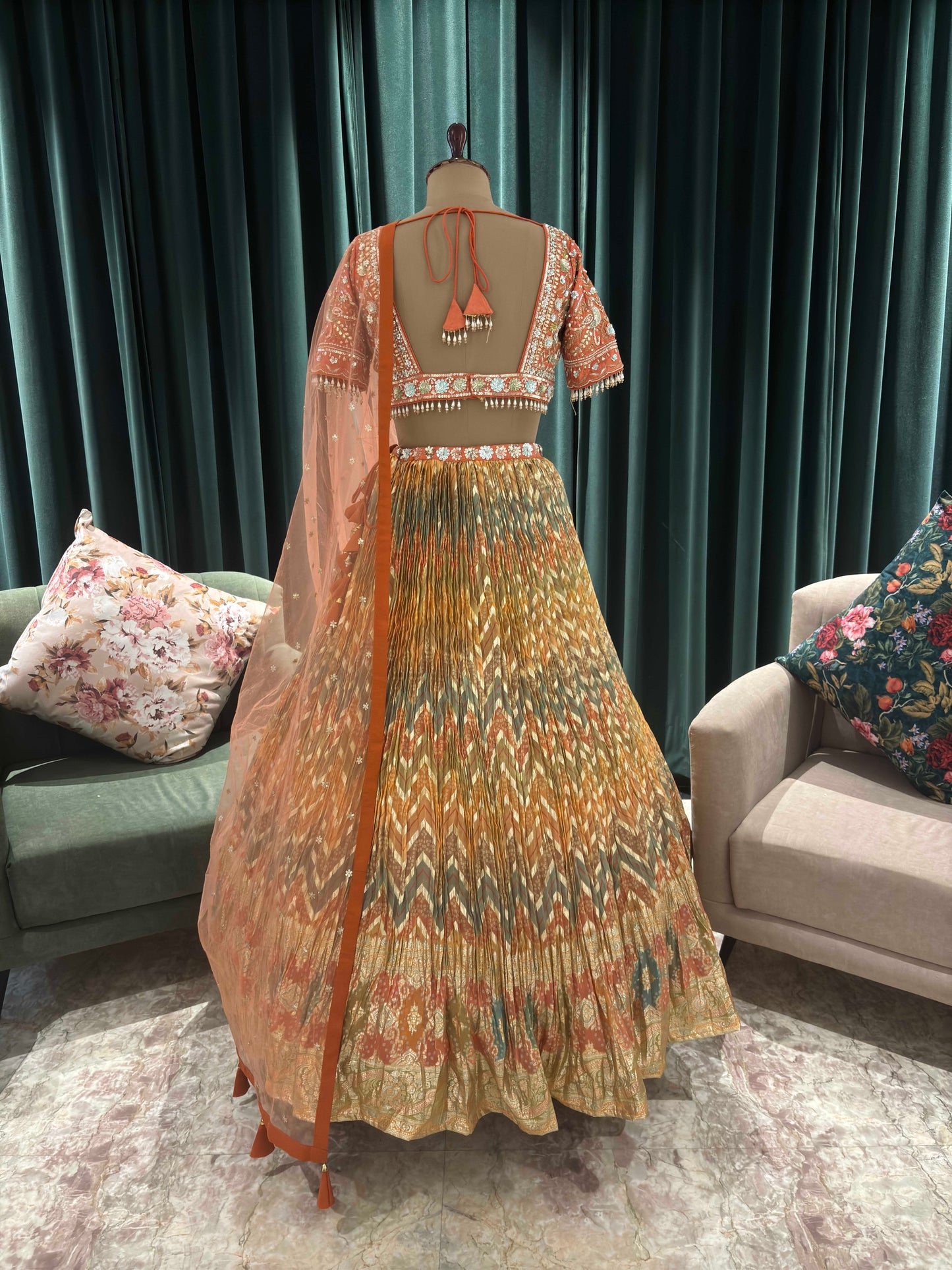 Orange Crushed Silk Multi Color Lehanga