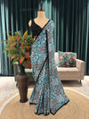 Teal Ikat Print Saree With Black Border Casual Daily Wear