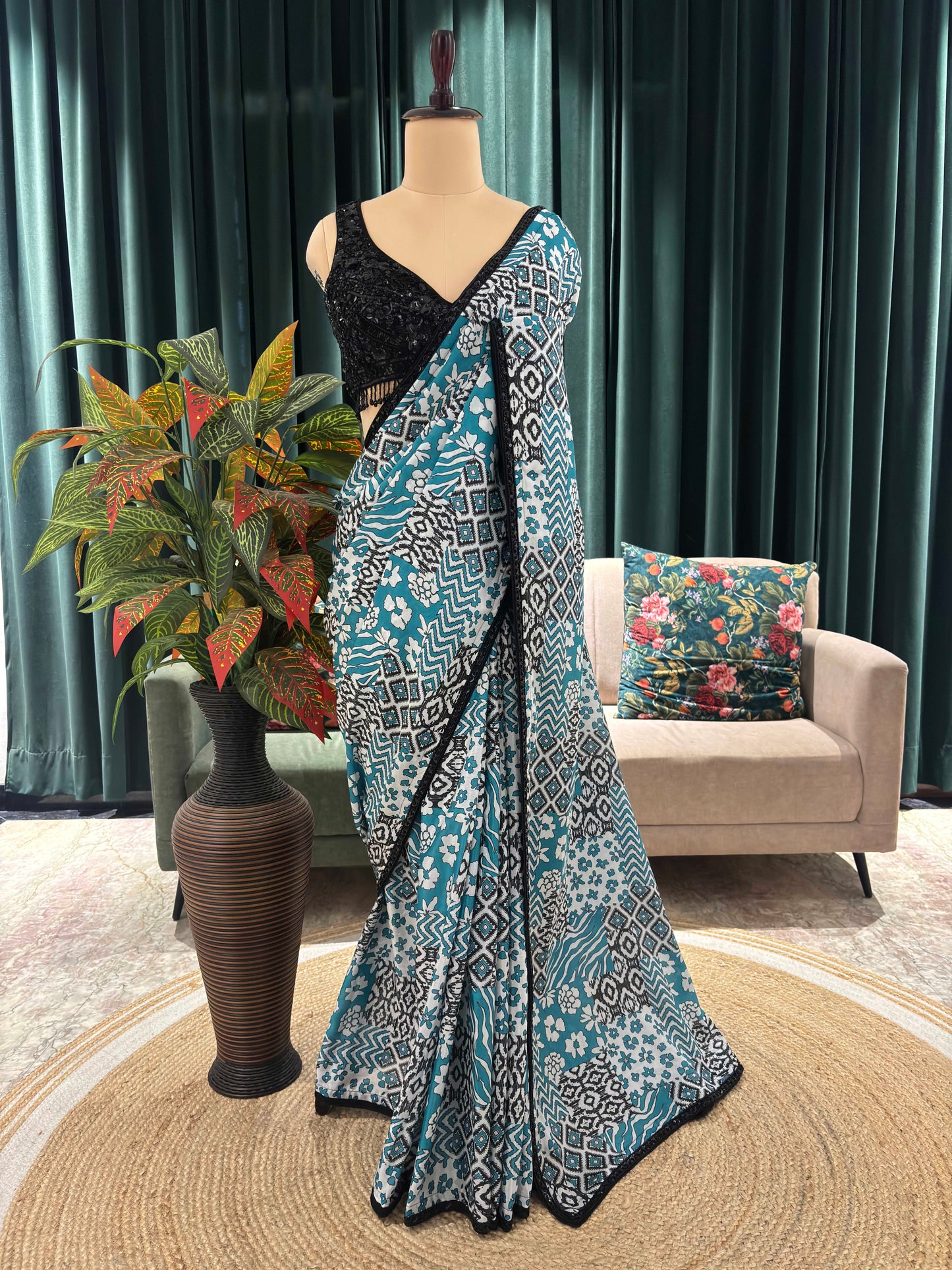 Teal Ikat Print Saree With Black Border Casual Daily Wear