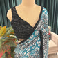 Teal Ikat Print Saree With Black Border Casual Daily Wear