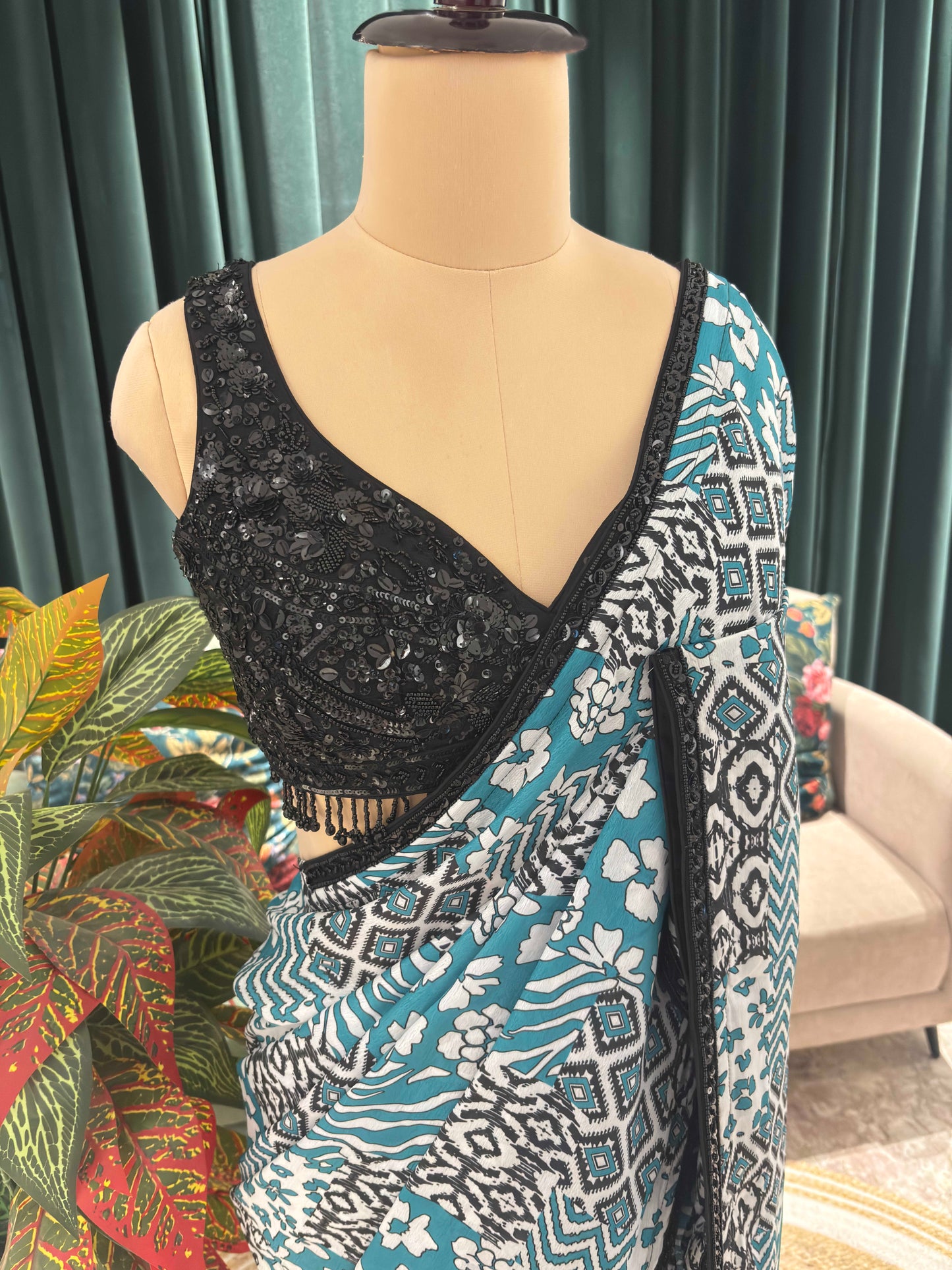 Teal Ikat Print Saree With Black Border Casual Daily Wear