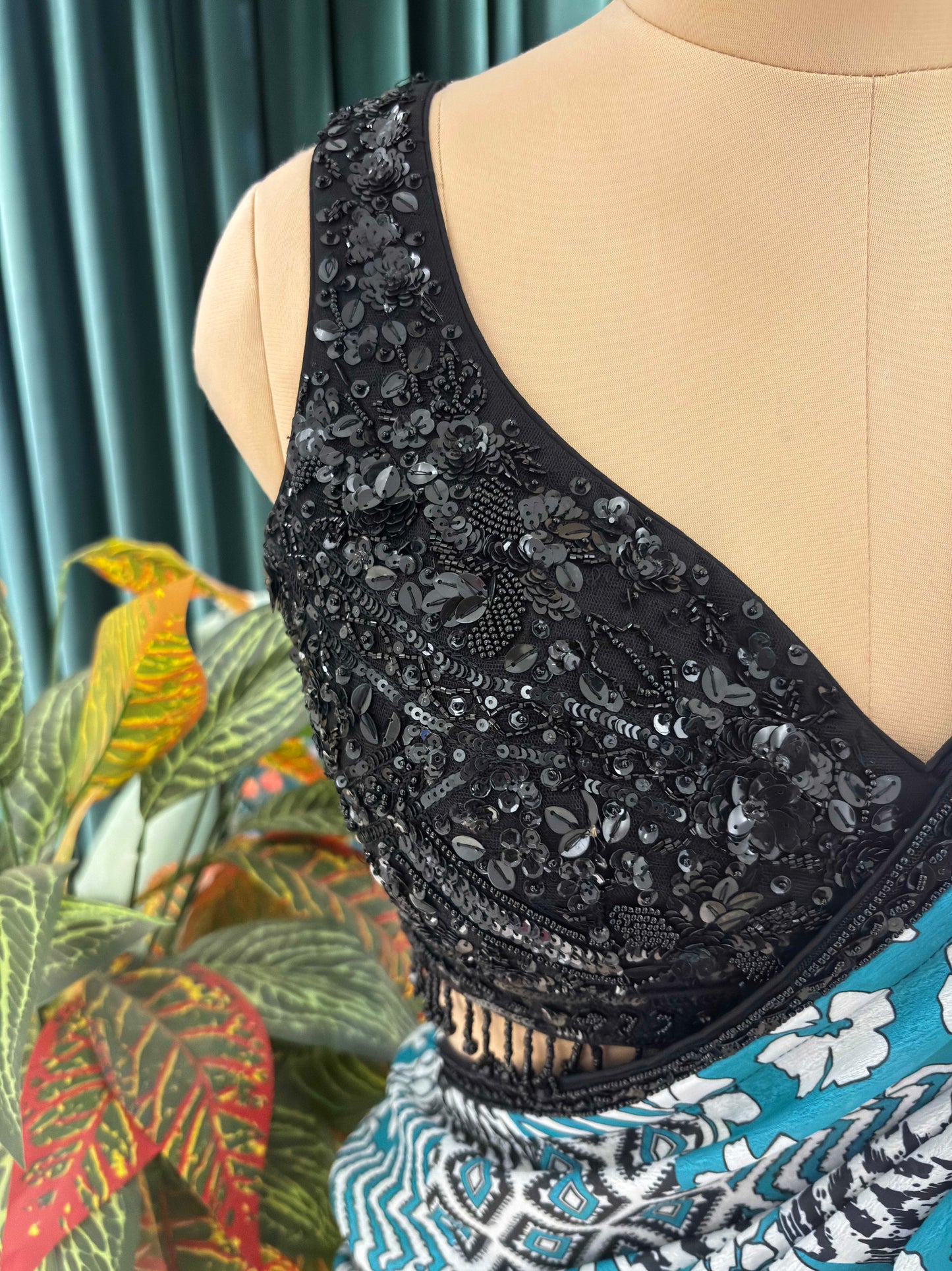 Teal Ikat Print Saree With Black Border Casual Daily Wear