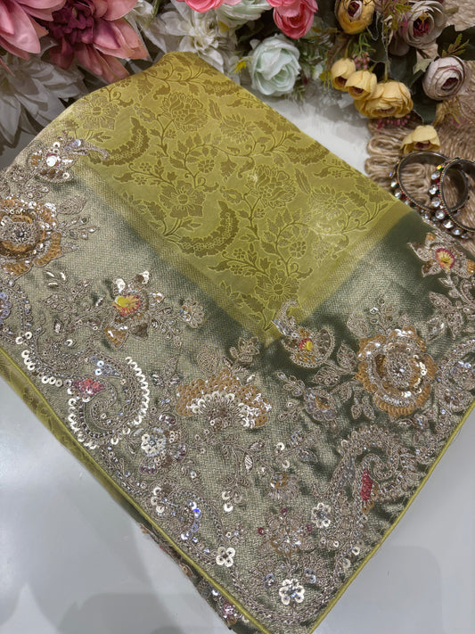 Green Kanchipuram Silk Saree with Heavy Sequins Embroidered Border