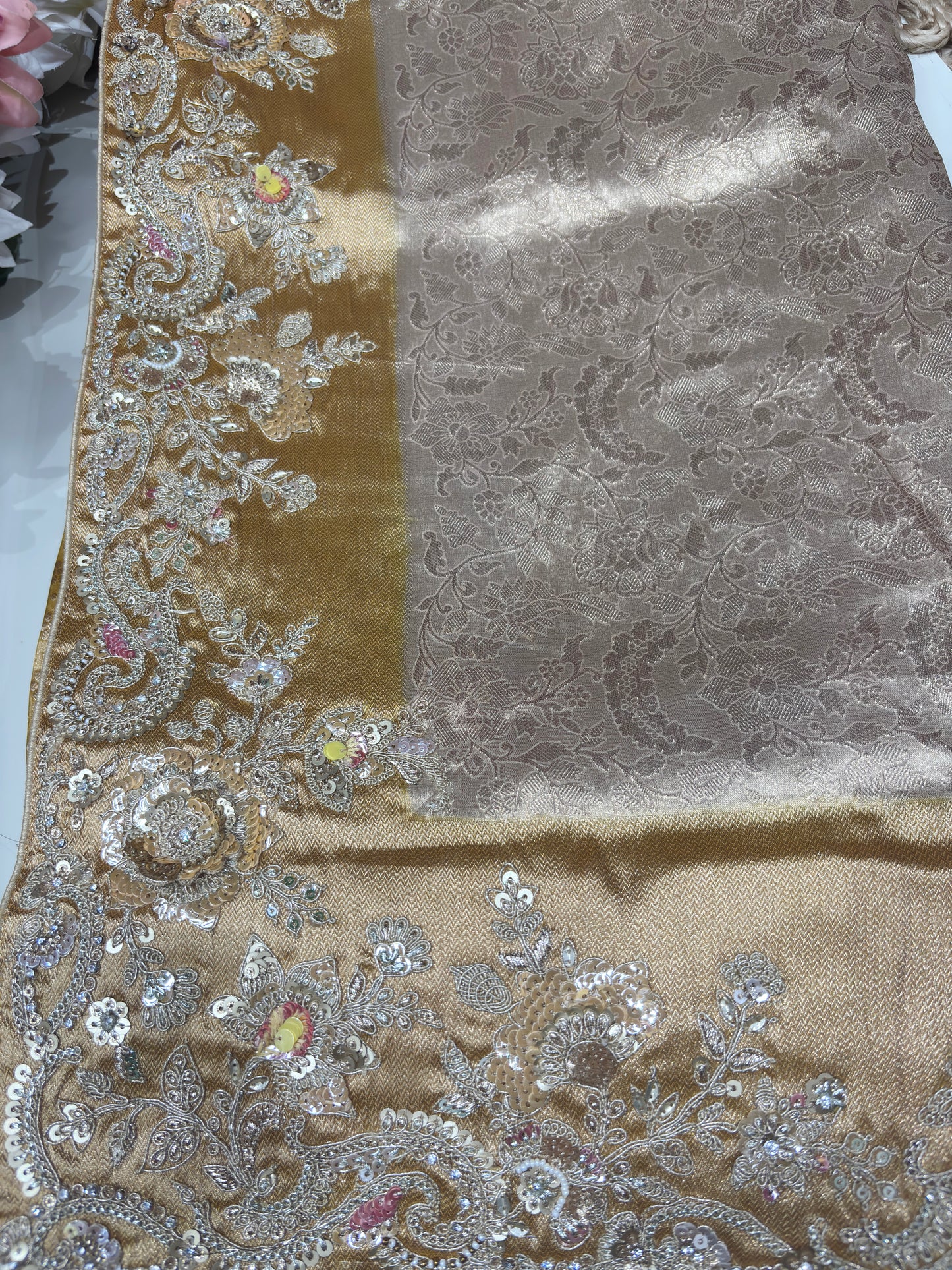 Golden Kanchipuram Silk Saree with Heavy Sequins Embroidered Border