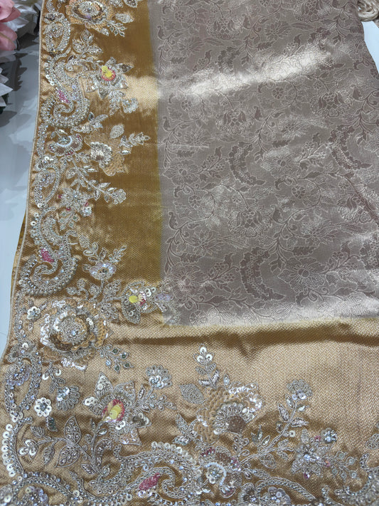 Golden Kanchipuram Silk Saree with Heavy Sequins Embroidered Border