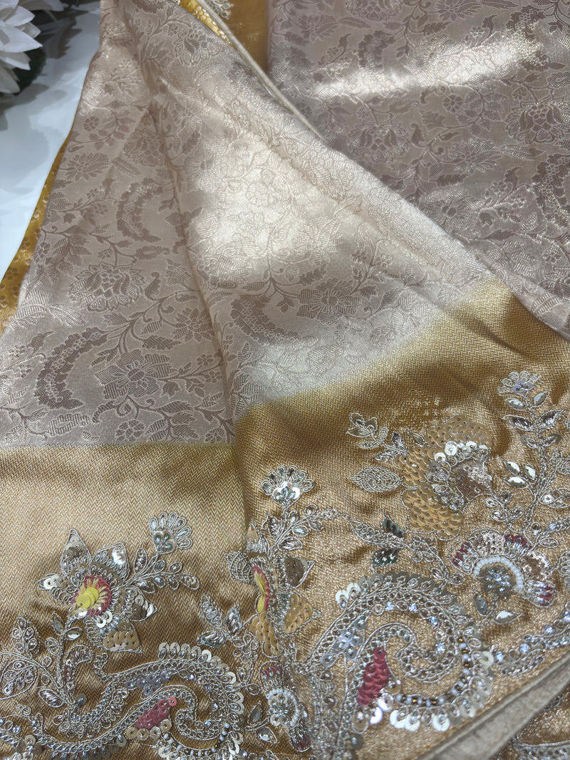 Golden Kanchipuram Silk Saree with Heavy Sequins Embroidered Border