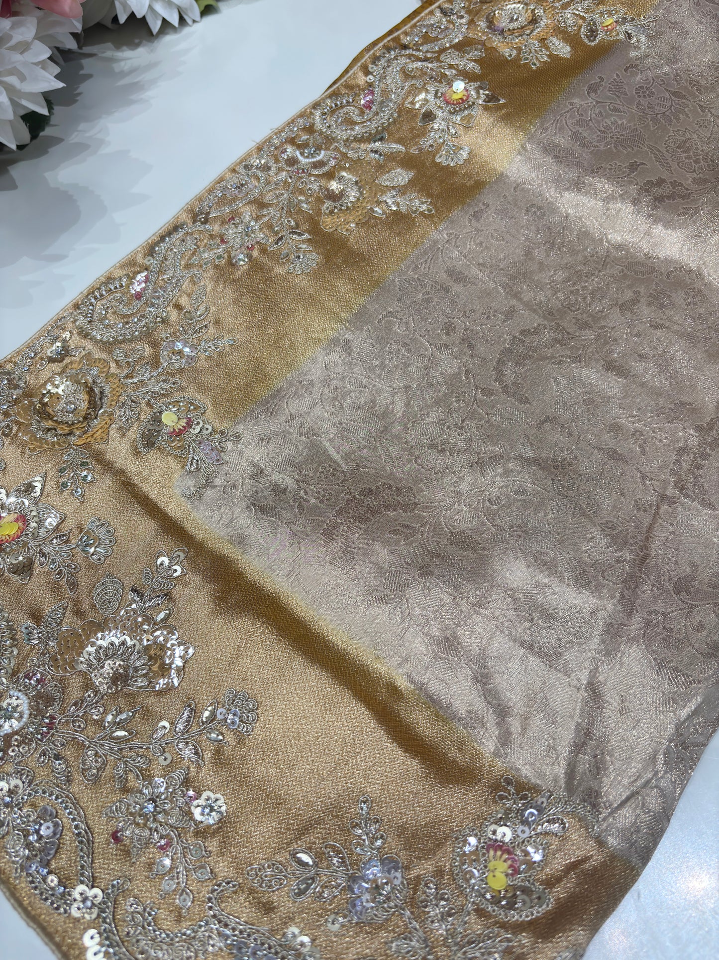 Golden Kanchipuram Silk Saree with Heavy Sequins Embroidered Border
