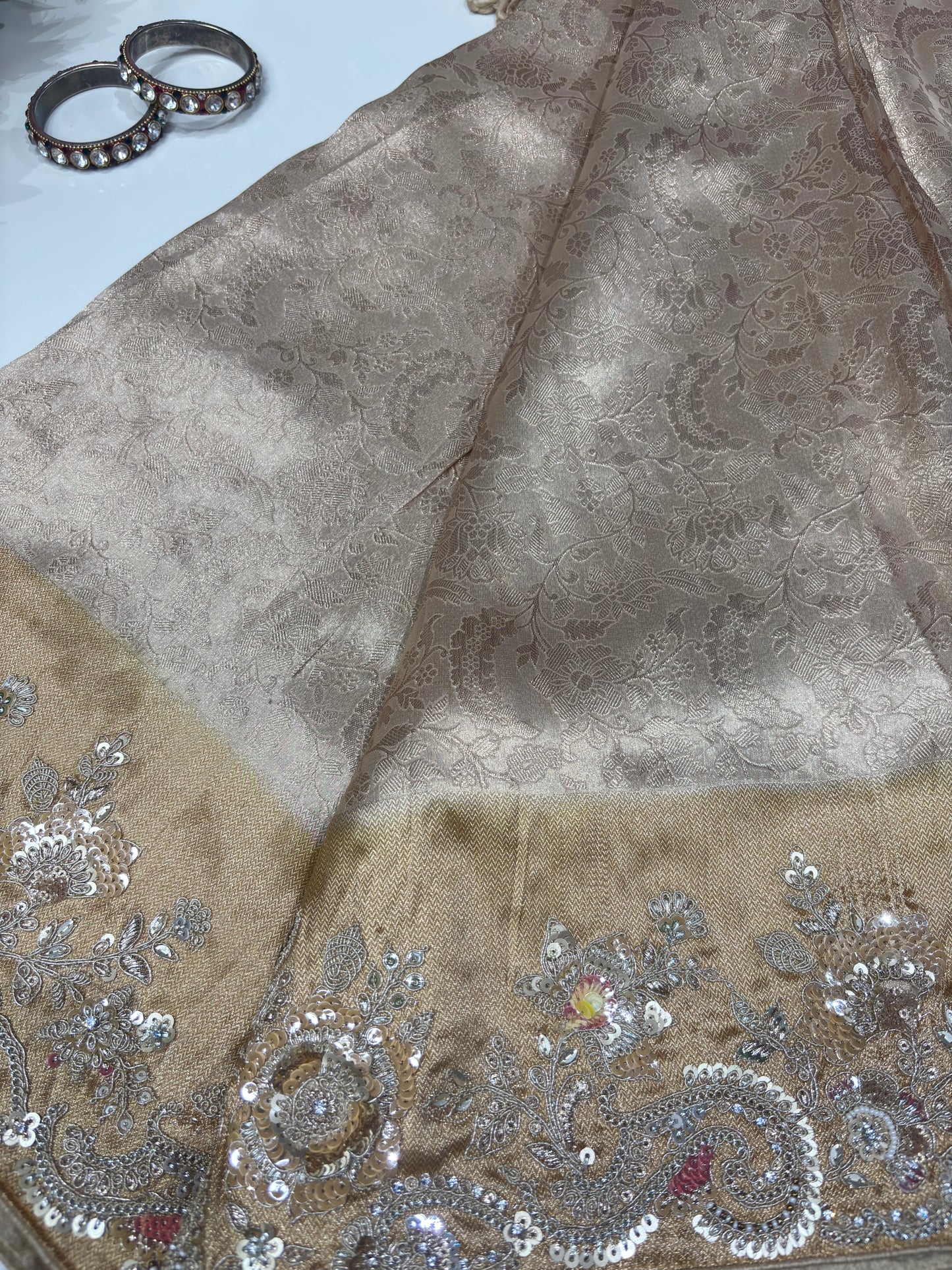 Golden Kanchipuram Silk Saree with Heavy Sequins Embroidered Border