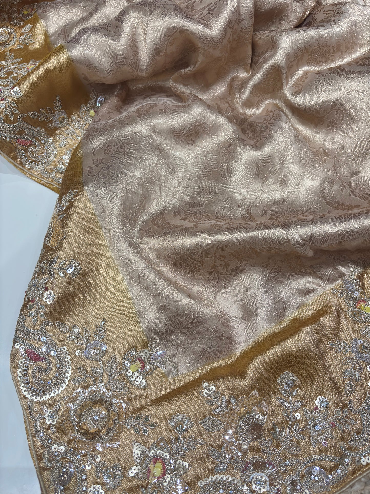 Golden Kanchipuram Silk Saree with Heavy Sequins Embroidered Border