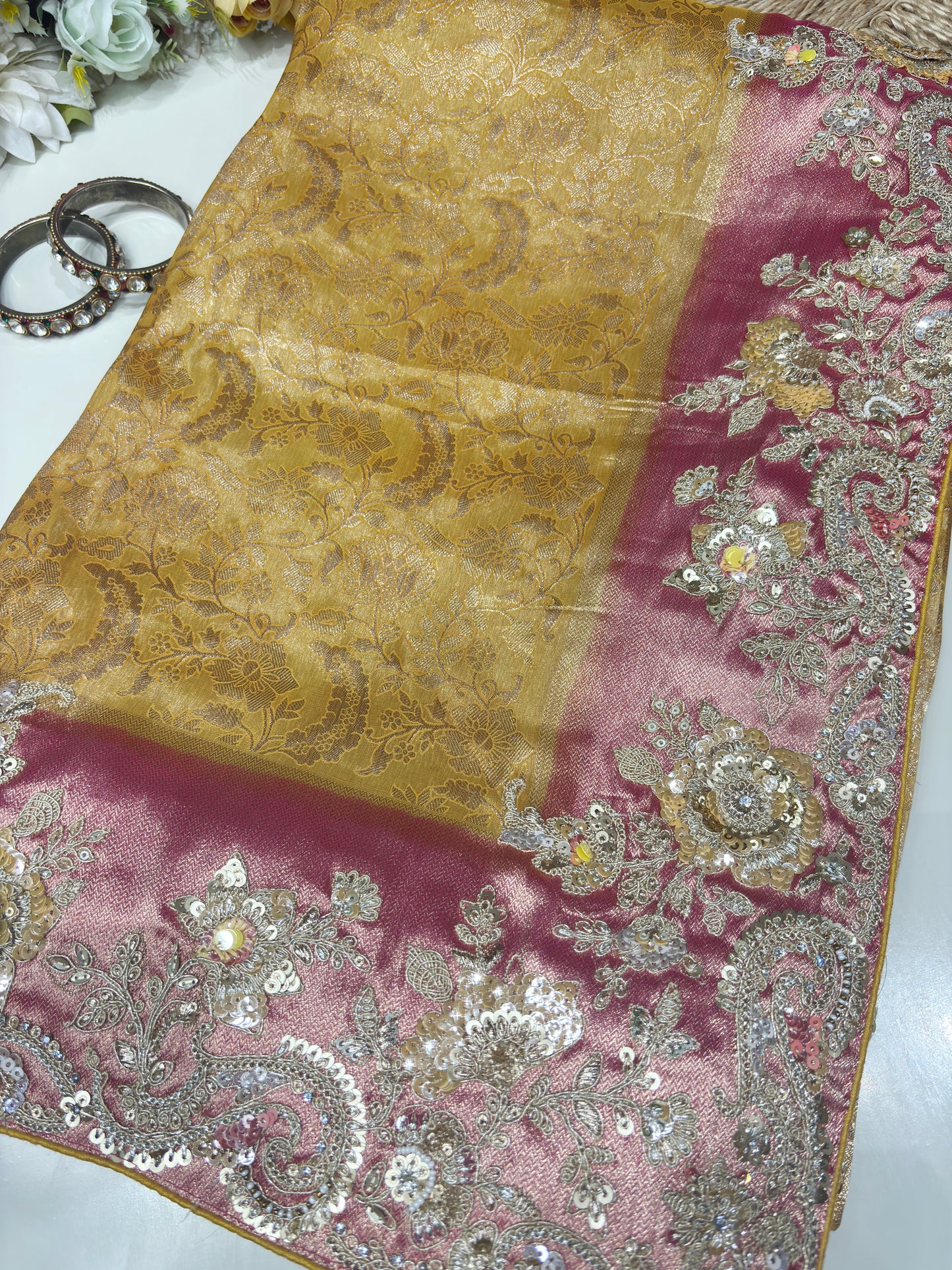 Yellow Kanchipuram Silk Saree with Heavy Sequins Embroidered Border