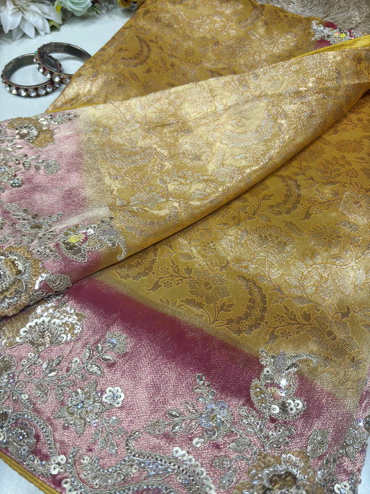 Yellow Kanchipuram Silk Saree with Heavy Sequins Embroidered Border