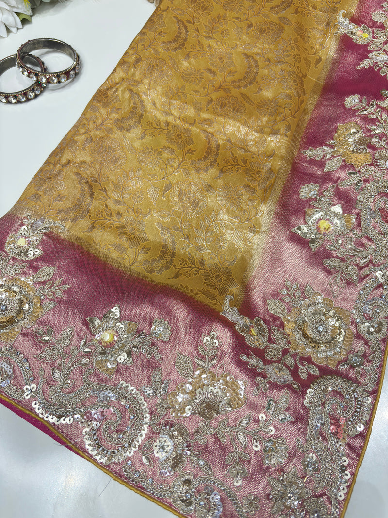 Yellow Kanchipuram Silk Saree with Heavy Sequins Embroidered Border