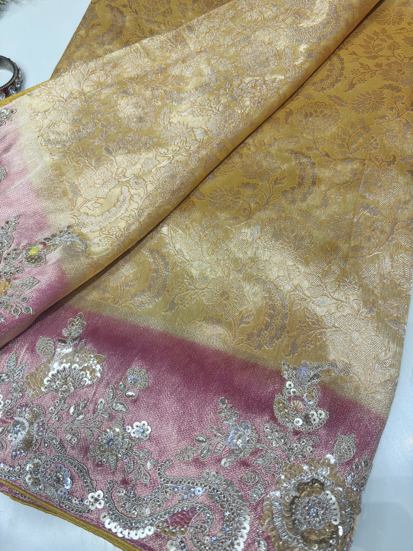 Yellow Kanchipuram Silk Saree with Heavy Sequins Embroidered Border
