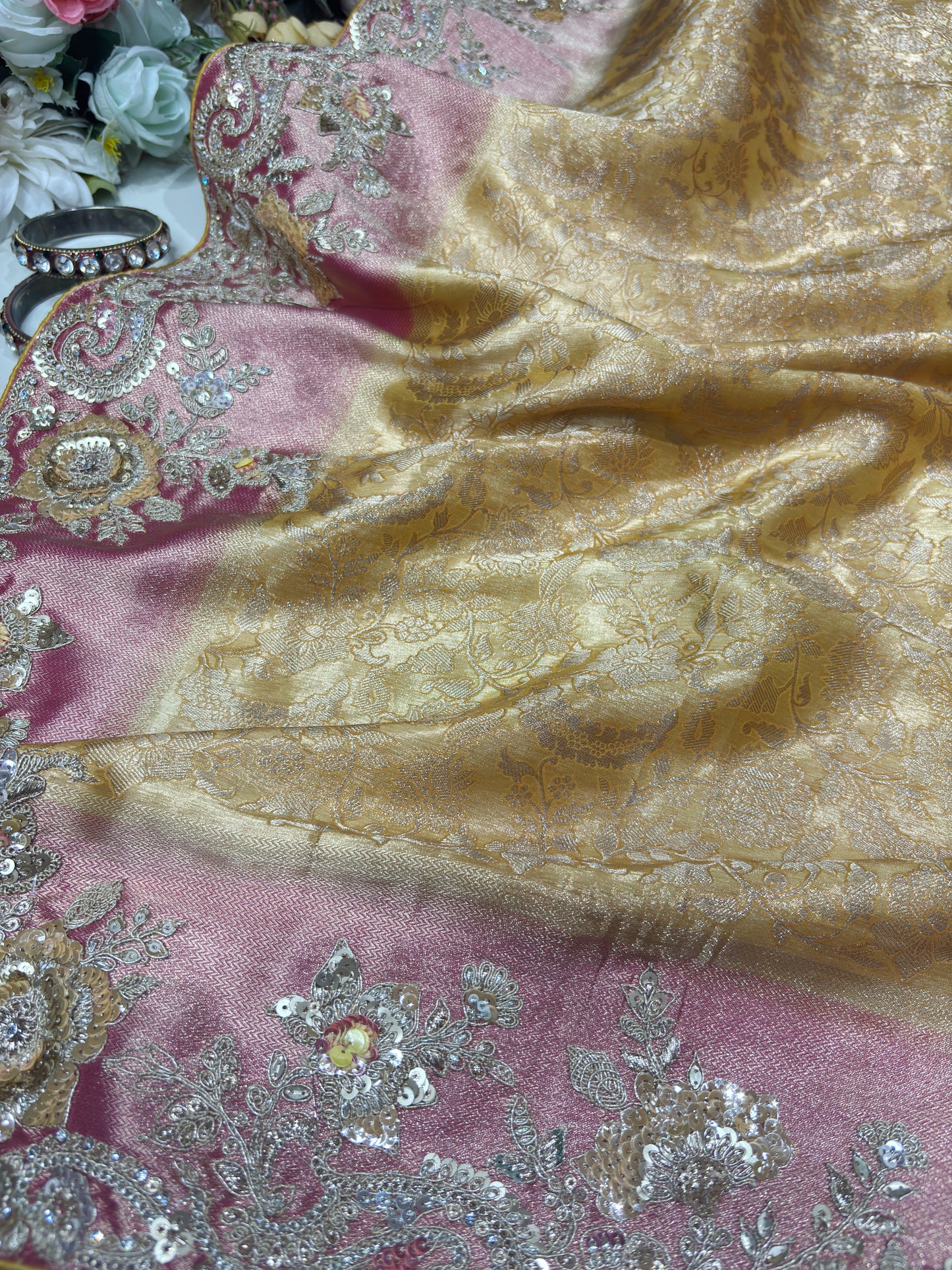 Yellow Kanchipuram Silk Saree with Heavy Sequins Embroidered Border