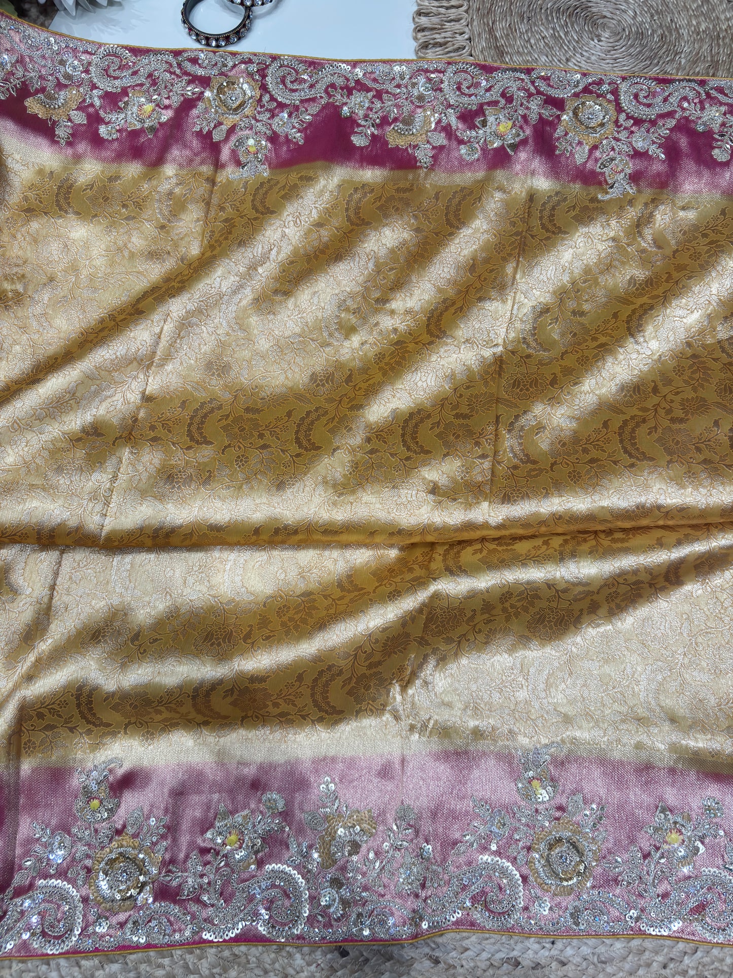 Yellow Kanchipuram Silk Saree with Heavy Sequins Embroidered Border
