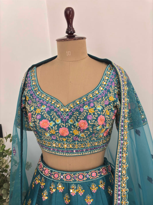 Peacock Blue Colour Lehenga with Miror & Thread Work