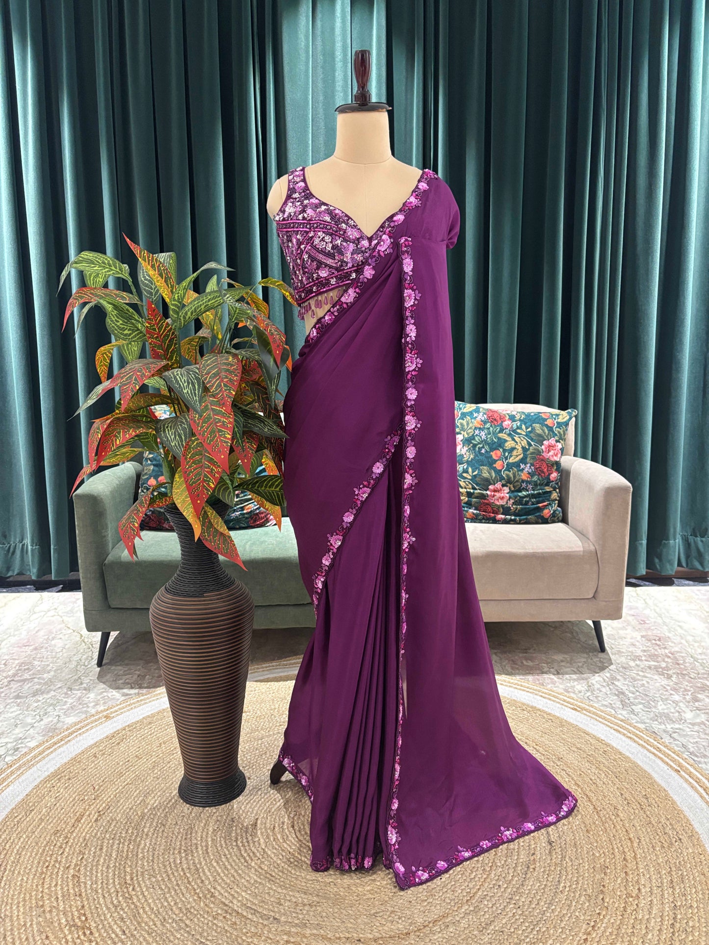 Plum Purple Embroidered Saree with Designer Blouse