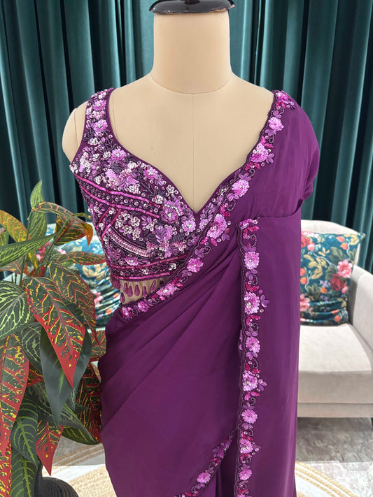 Plum Purple Embroidered Saree with Designer Blouse