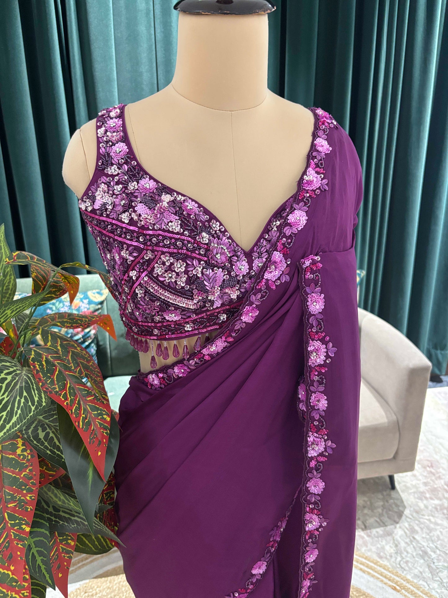 Plum Purple Embroidered Saree with Designer Blouse