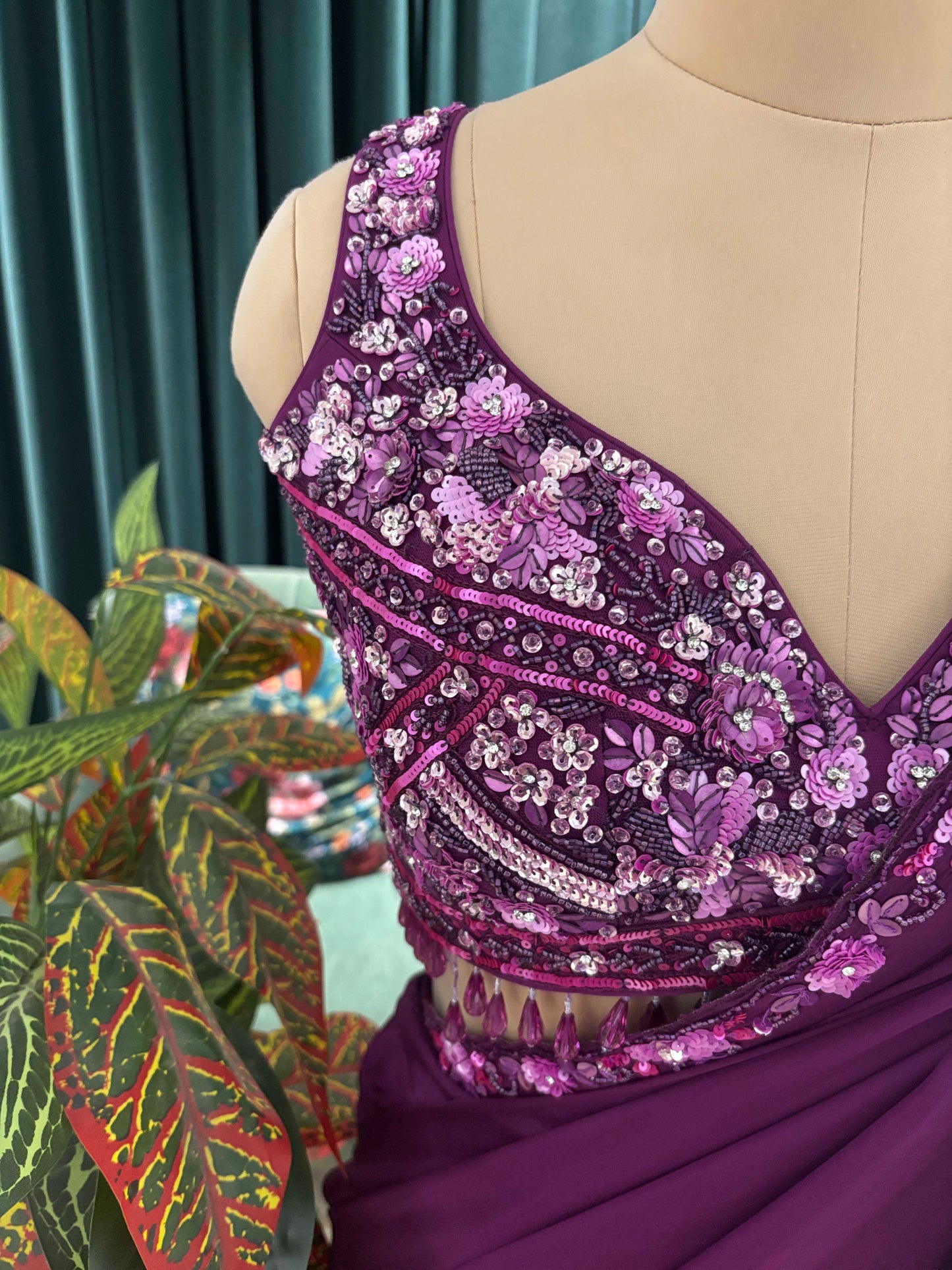 Plum Purple Embroidered Saree with Designer Blouse