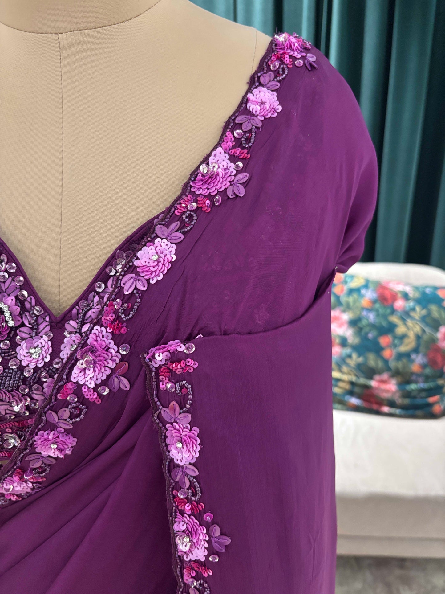 Plum Purple Embroidered Saree with Designer Blouse