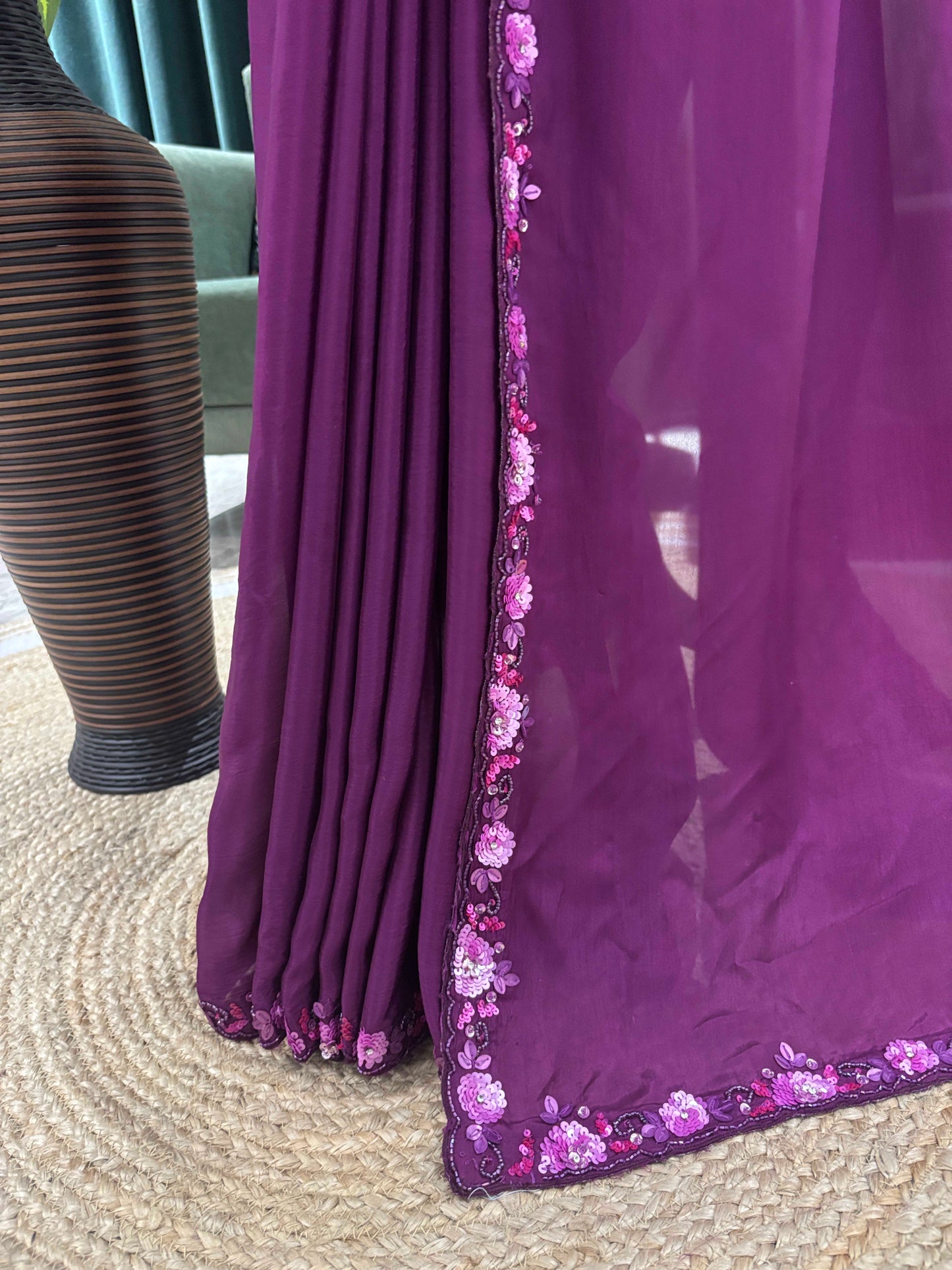 Plum Purple Embroidered Saree with Designer Blouse