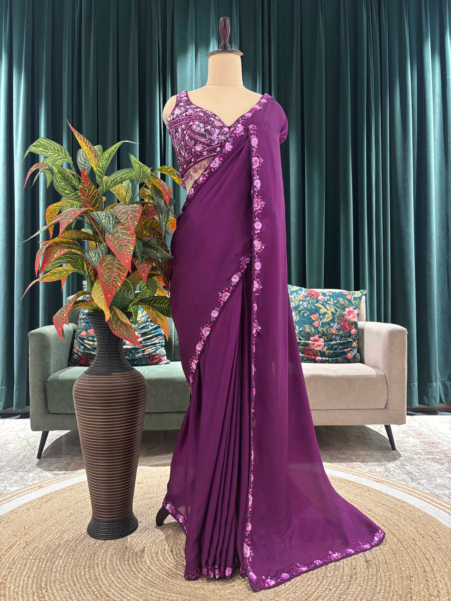 Plum Purple Embroidered Saree with Designer Blouse