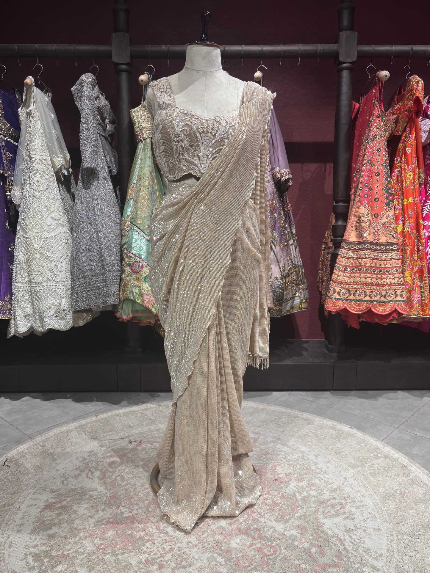 Gold Designer Sequin Drape Saree with Heavy Embroidered Blouse