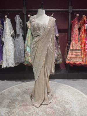 Gold Designer Sequin Drape Saree with Heavy Embroidered Blouse