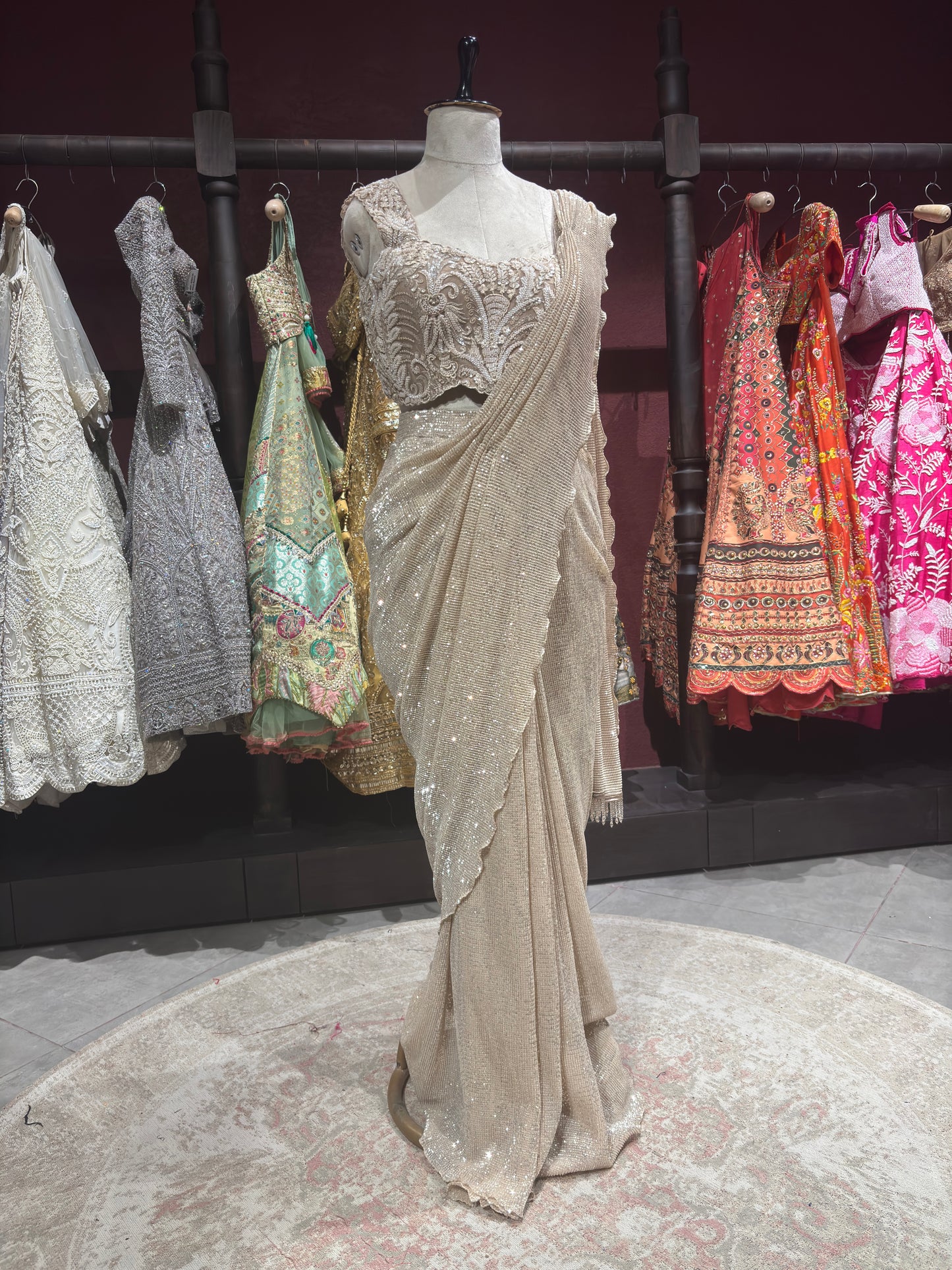 Gold Designer Sequin Drape Saree with Heavy Embroidered Blouse
