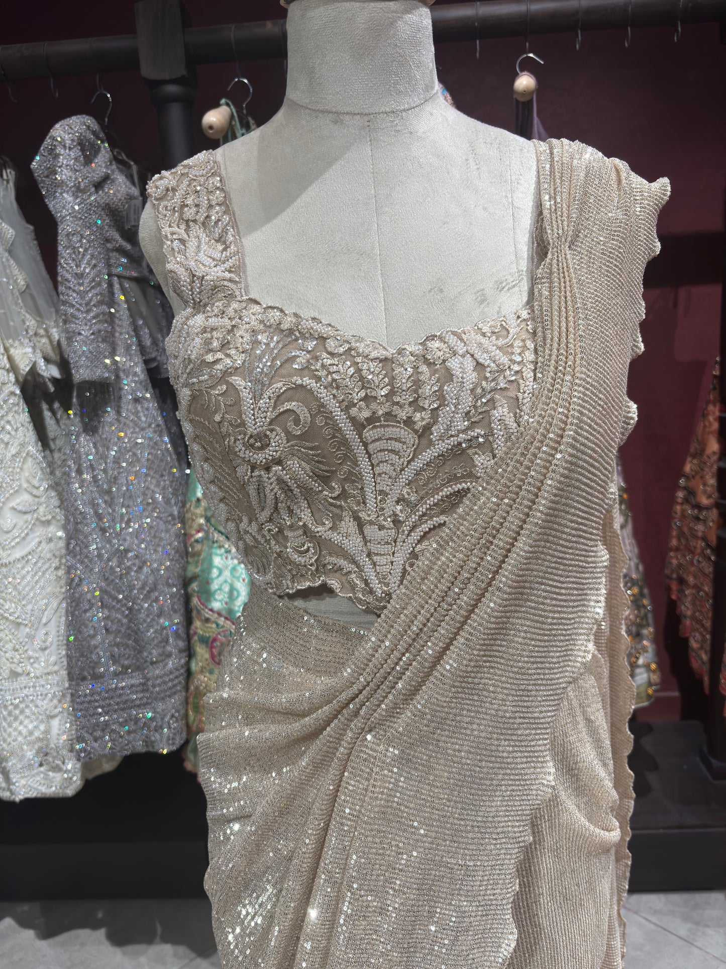 Gold Designer Sequin Drape Saree with Heavy Embroidered Blouse