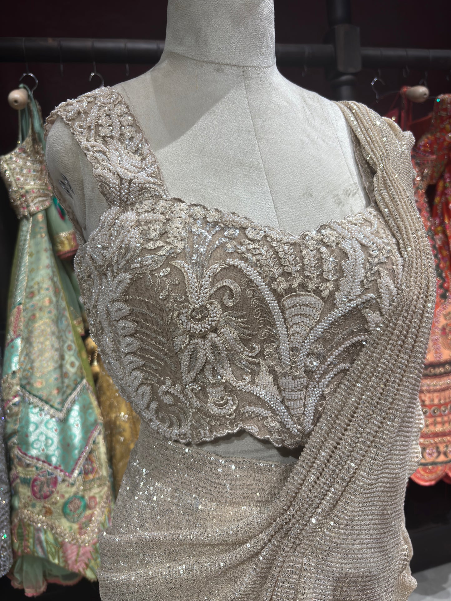 Gold Designer Sequin Drape Saree with Heavy Embroidered Blouse