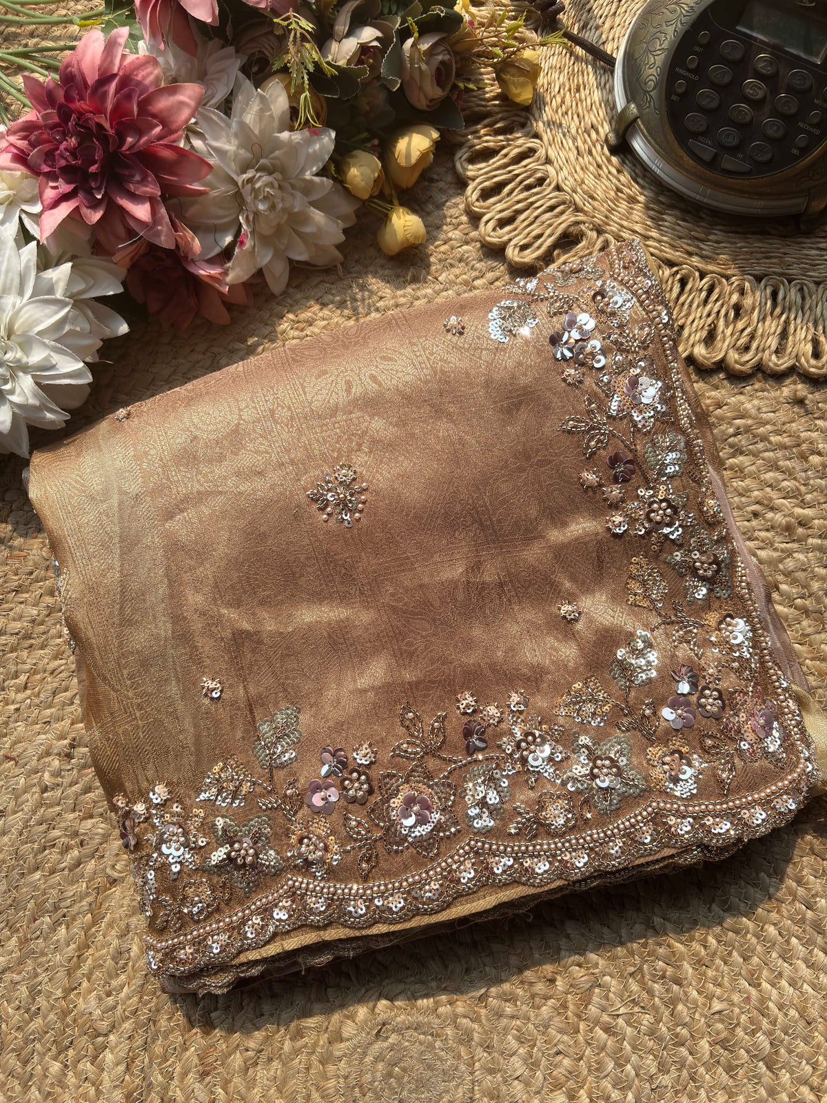 Champagne Gold Embroidered Saree with Floral Sequin Border