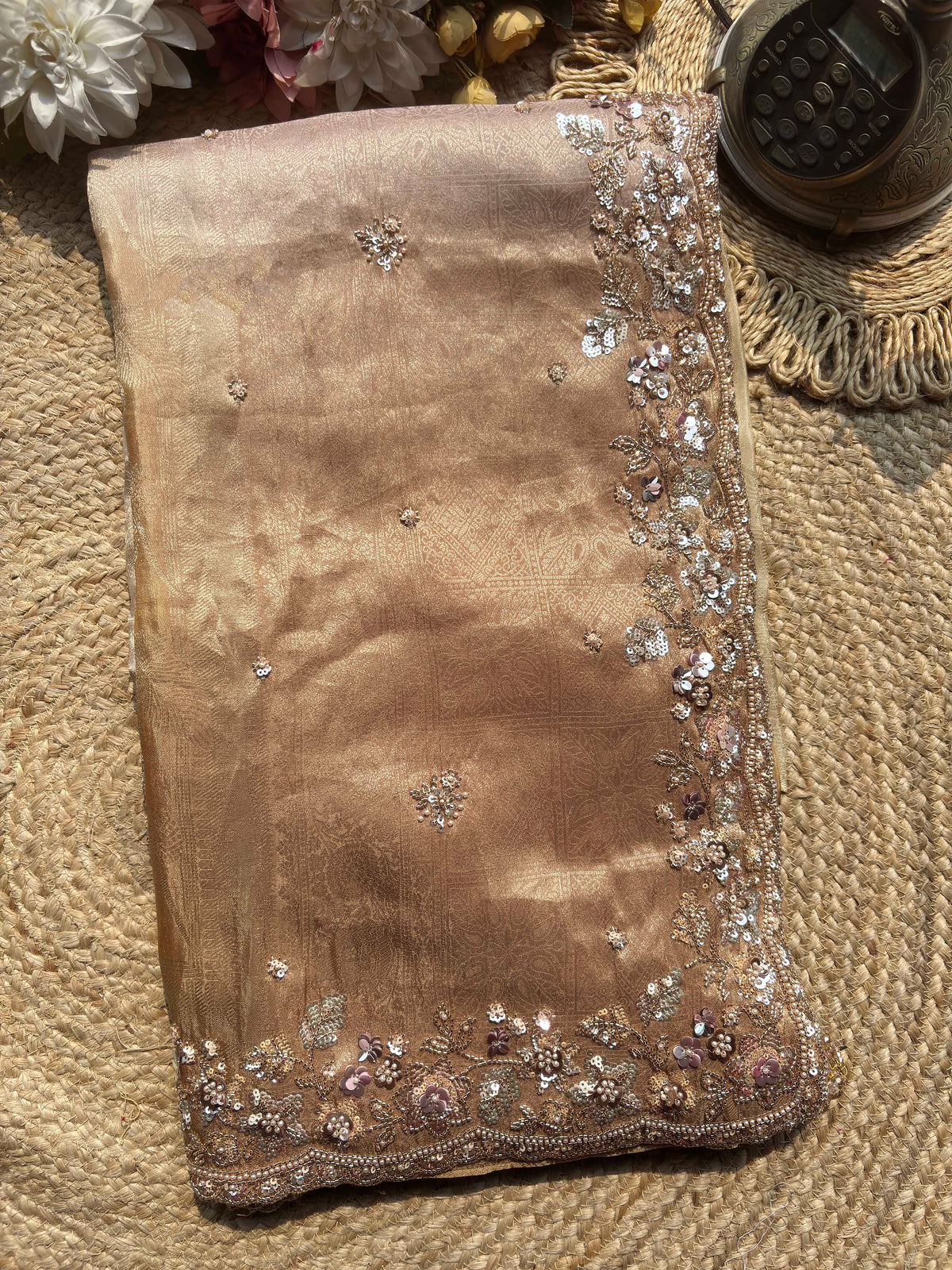 Champagne Gold Embroidered Saree with Floral Sequin Border
