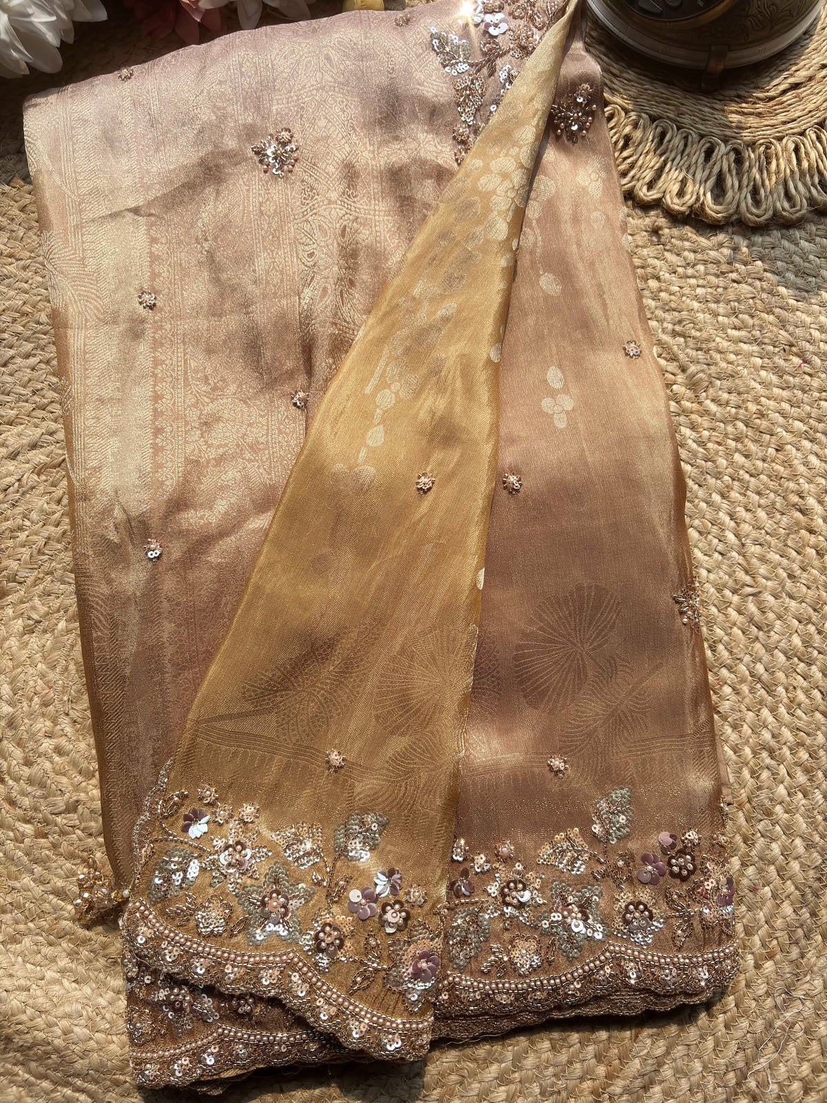 Champagne Gold Embroidered Saree with Floral Sequin Border