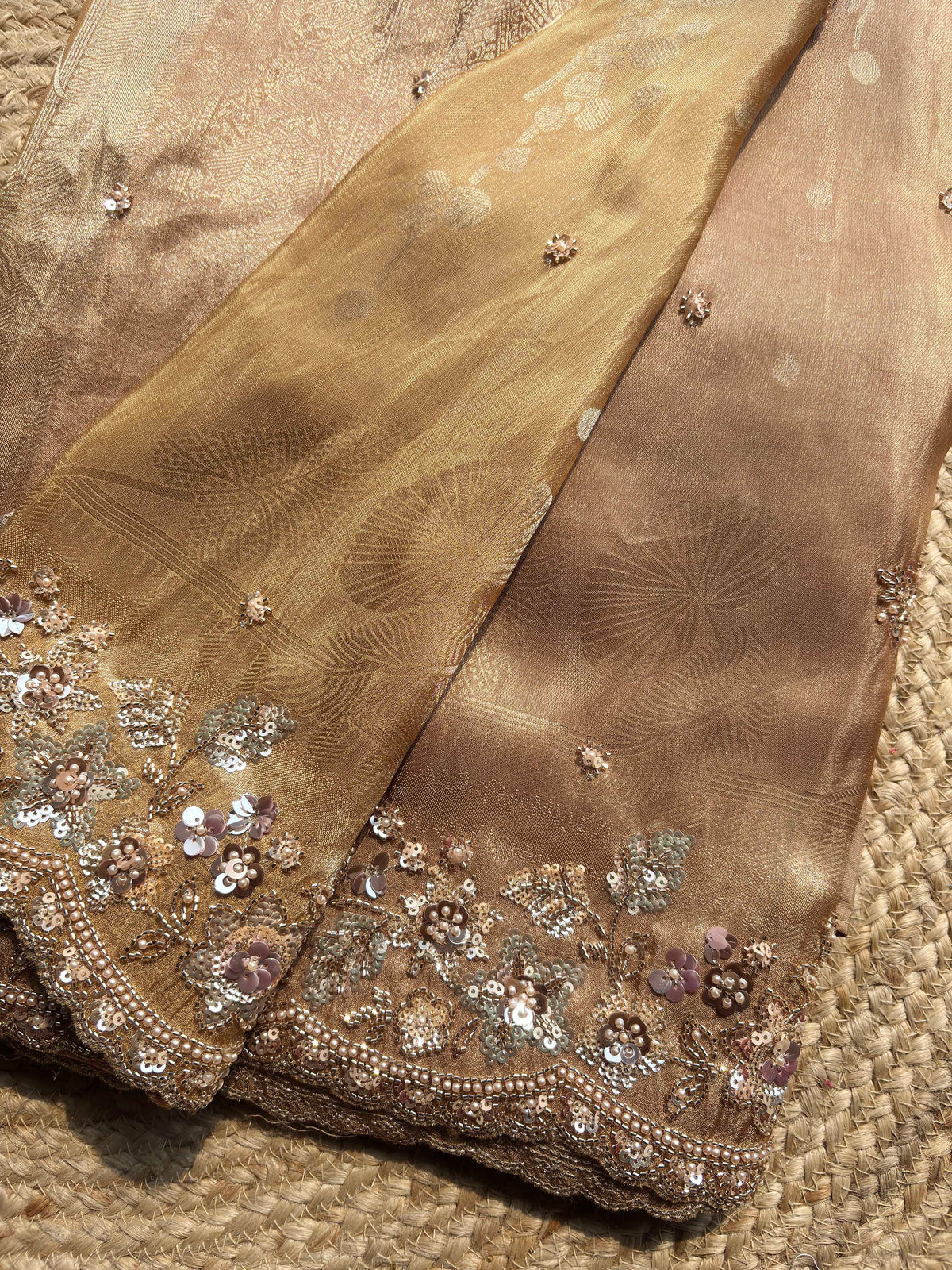 Champagne Gold Embroidered Saree with Floral Sequin Border