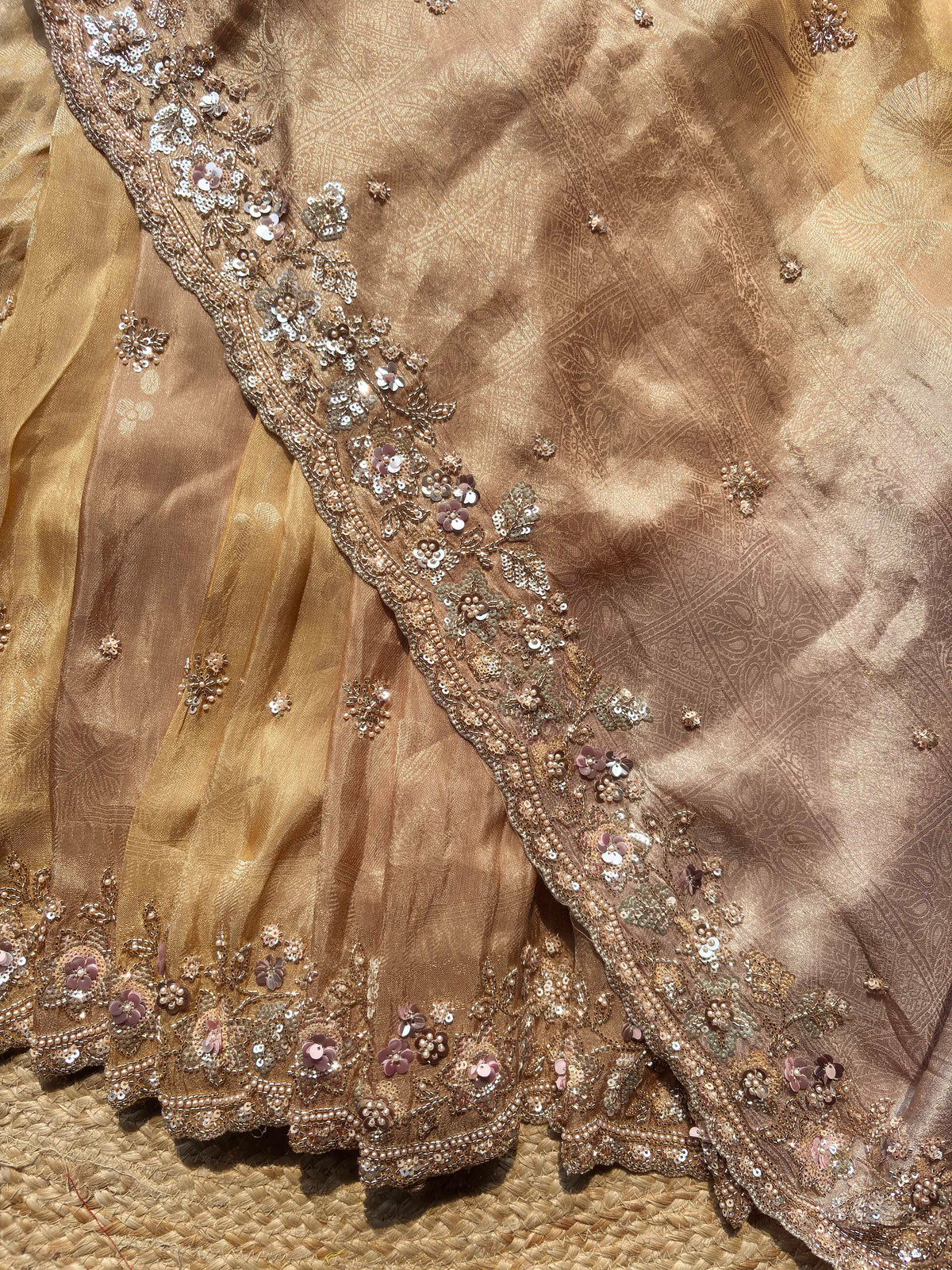 Champagne Gold Embroidered Saree with Floral Sequin Border