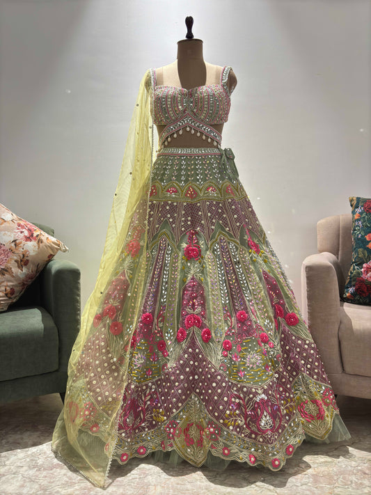 the Pista-Green Lehanga with Miror, Gotta Patti and Pearl Work