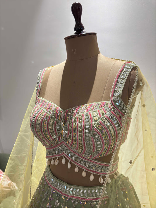 the Pista-Green Lehanga with Miror, Gotta Patti and Pearl Work