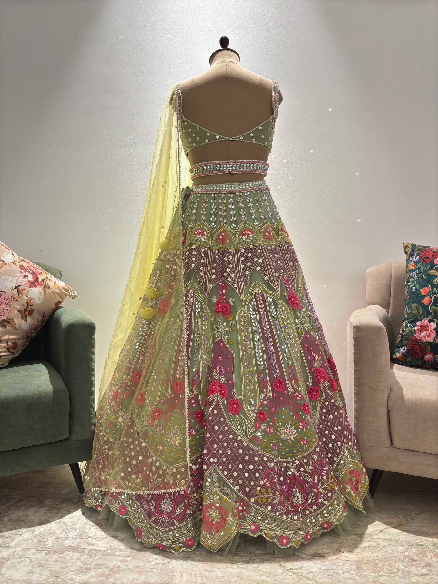 the Pista-Green Lehanga with Miror, Gotta Patti and Pearl Work