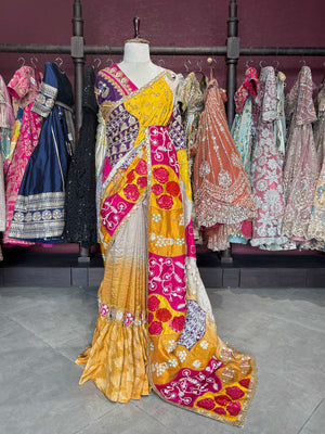 Mustard Yellow Multicolor Patchwork Embroidered Saree