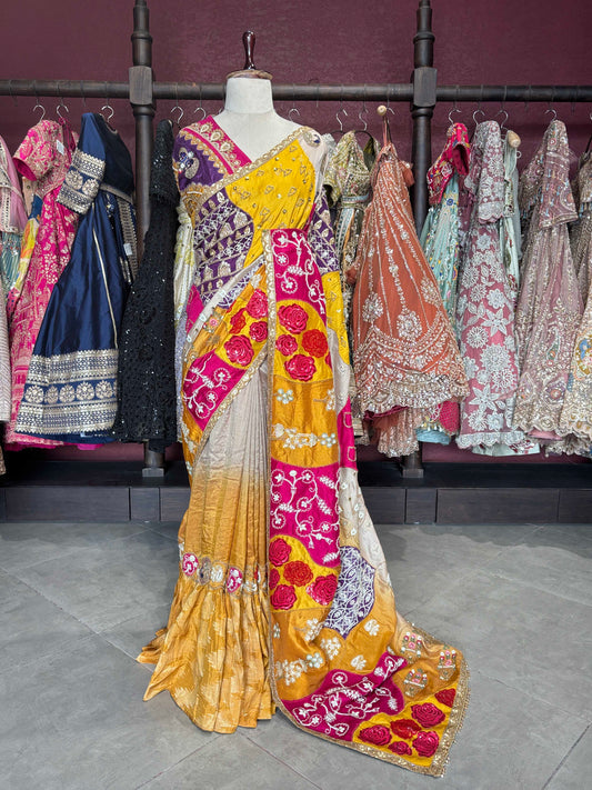 Mustard Yellow Multicolor Patchwork Embroidered Saree