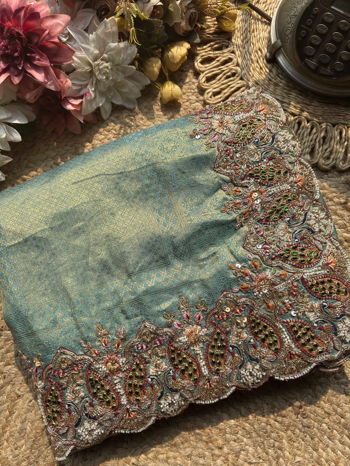 Sea Green Gold Woven Saree with Peacock Embroidered Border