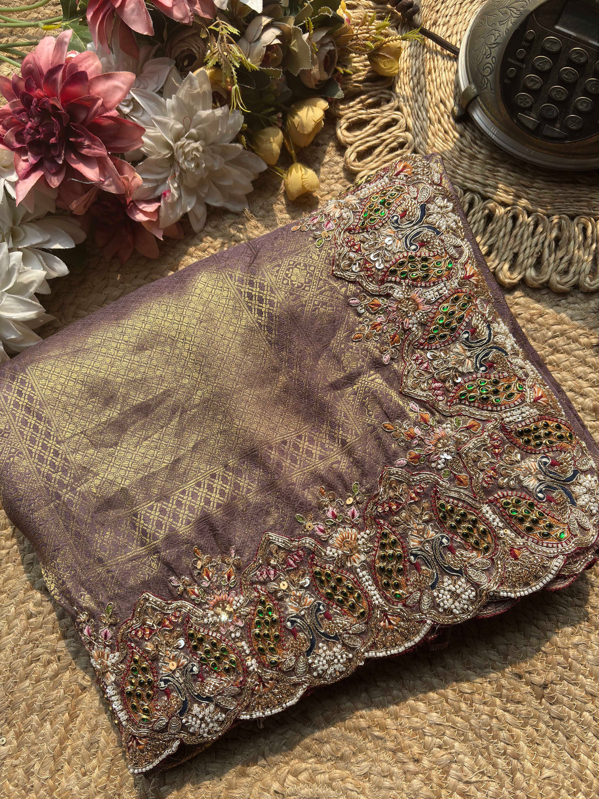 Mauve Gold Woven Saree with Peacock Embroidered Border