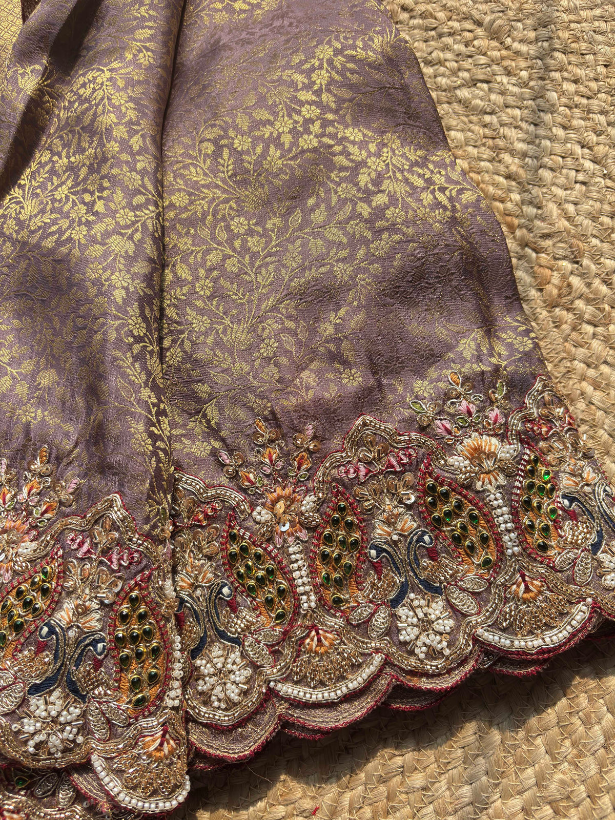 Mauve Gold Woven Saree with Peacock Embroidered Border