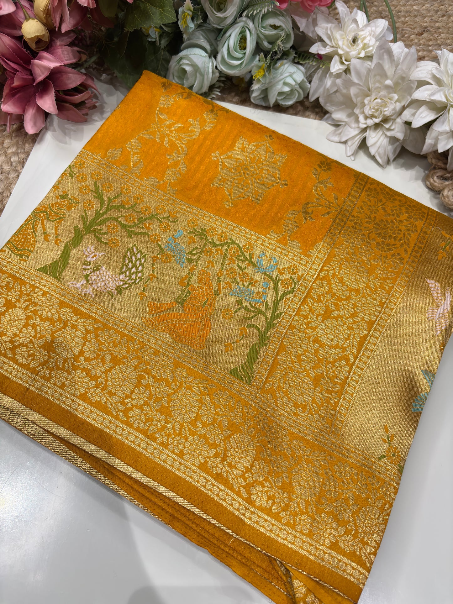 Yellow Designer Woven Saree with Rich Zari Border & Peacock Floral Pallu
